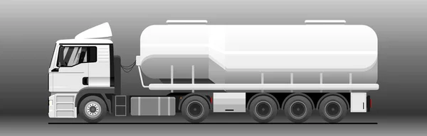Vektör tankı yan görüntüsü. Kamyon, yarı römork tankı. Reklam için beyaz, boş tank kamyonu şablonu. Petrol, yakıt tankeri. Yük, sıvı taşıma. Modern düz vektör illüstrasyonu.