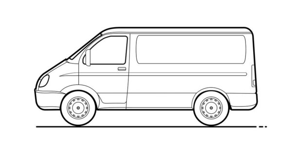 Vector outline van, lorry, side view. Empty van template for advertising, for coloring. Freight transportation, delivery of goods, goods, products. Modern flat vector illustration isolated.