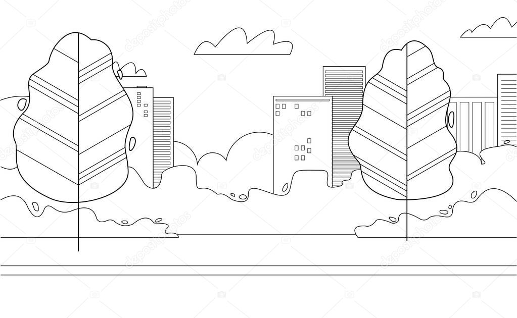 Vector illustration of a city park. Cartoon city landscape, trees. Contour vector illustration for a coloring book; linear drawing.