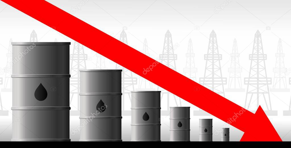 Oil crisis vector concept. Decrease in production volumes, drop in oil and fuel prices. The red arrow of the graph on the background of the barrel goes down. Background from oil derricks.