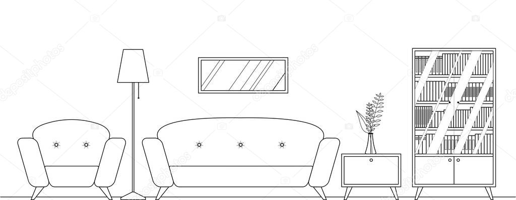 Vector contour living room interior with furniture. Comfortable sofa, chair, bookcase, lamp. For coloring book. Flat style vector illustration.