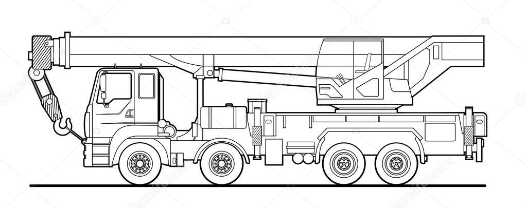 Vector outline of a truck crane; car with crane, side view. Linear drawing for coloring book for boys; contour. Modern flat vector illustration.