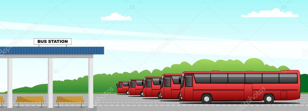 Vector bus station, intercity buses. Modern flat vector illustration for banner, poster, flyer or landing page