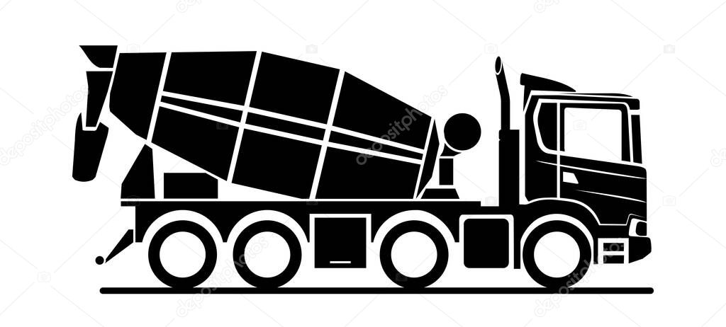 Vector black concrete mixer icon on white background, side view. Cement mixer truck. Stylish icon for logo. Modern flat vector illustration.
