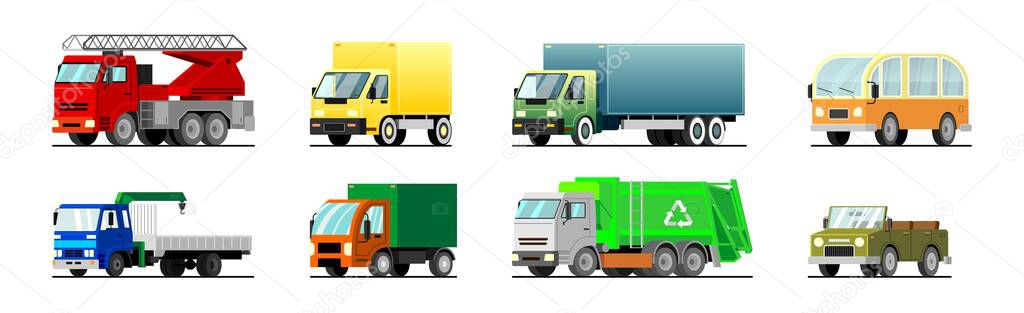 Set of vector cartoon vehicles. There are lorry, fire truck, garbage truck, heavy truck, crane truck, SUV, bus. Flat style vector illustration; EPS 10.0.