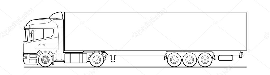 Vector outline truck, lorry, with semitrailer, side view. White blank template for truck, semi-trailer for advertising, for coloring book. Freight transportation. Modern flat vector illustration isolated.