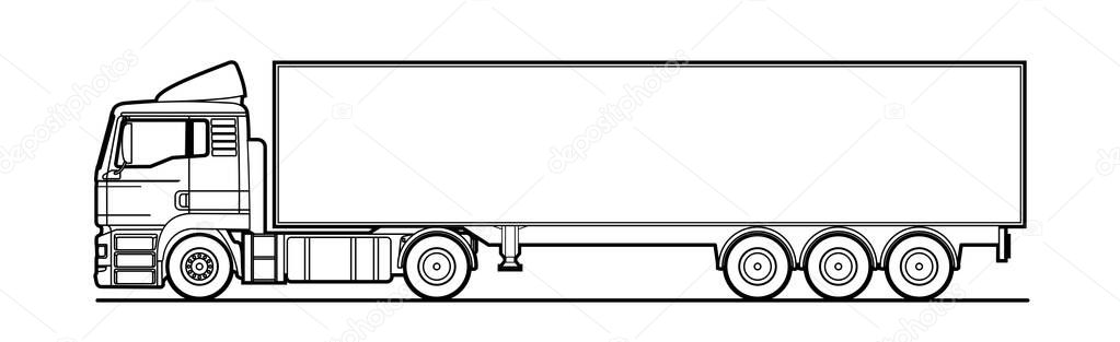 Vector outline truck, lorry, with semitrailer, side view. White blank template for truck, semi-trailer for advertising, for coloring book. Freight transportation. Modern flat vector illustration isolated.