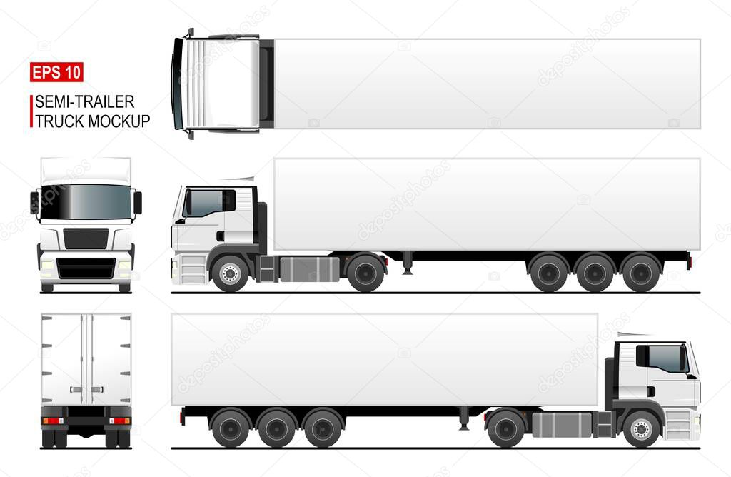 Semi trailer truck vector mockup or template for car branding and advertising. Isolated lorry, blank space. Cargo vehicle set on white background. View from side, front, back, top.  Vector EPS-10.