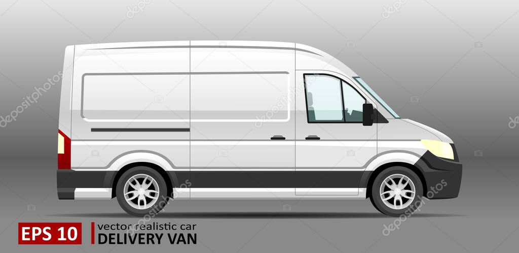 Detailed realistic Delivery Van vector Mockup template. Cargo van Template for Corporate identity design on transport and Car Branding. Cargo Minivan Mockup Isolated on grey background.