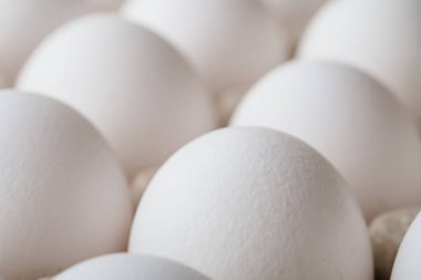 Tepside bir sürü beyaz tavuk yumurtası var. 