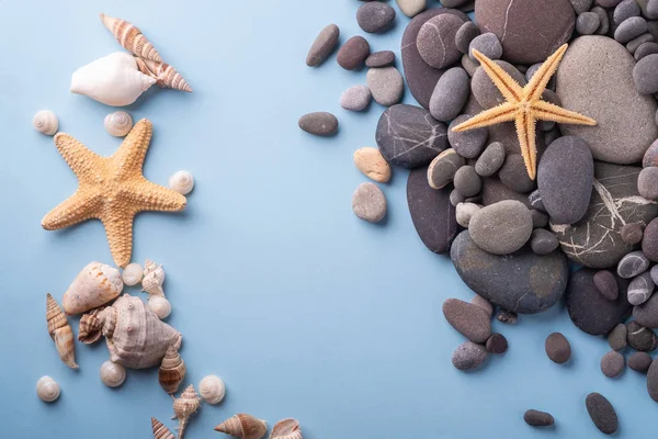 Yaz doku denizyıldızı deniz kabuğu çakıl üst görünümü mavi arka plan