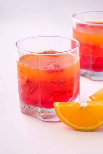 Jelly Dessert Strawberries Drink Glass Orange Slices Nearby — Stock Photo, Image