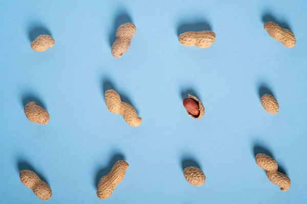 Peanuts flat lay minimal on blue background backdrop food nut texture copy space top view