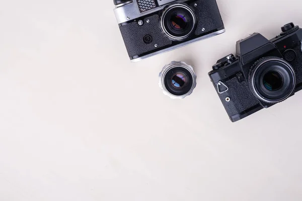 Old Vintage Retro Two Photo Film Camera Lens Copy Space — Stock Photo, Image