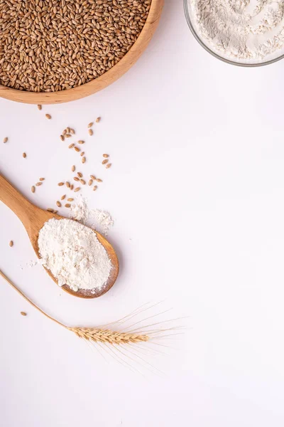 Wheat seeds grains in wooden bowl, wheat flour in glass bowl, near with flour in spoon spatula with heap of grains and with ear of wheat, top view, flat lay, isolated on white background, copy space