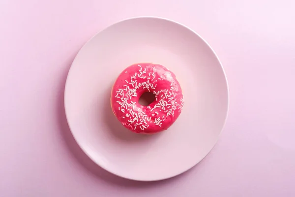 Pink Red Donut White Sprinkles Pink Plate Sweet Glazed Dessert — Stock Photo, Image