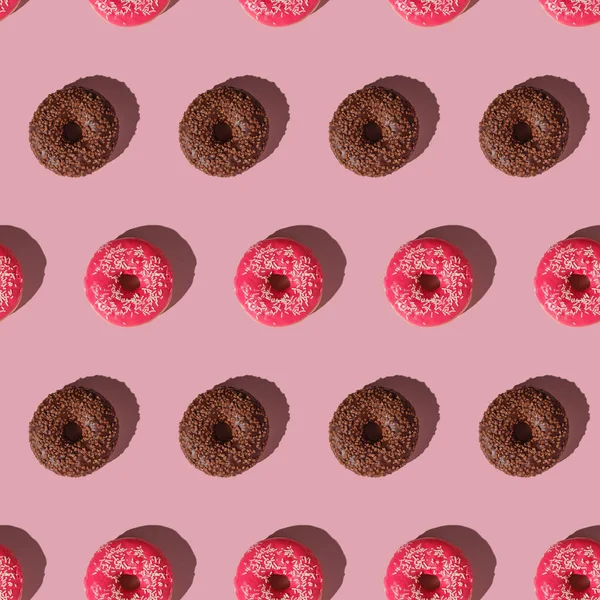 Rosa Und Schokolade Donut Mit Streusel Nahtlose Muster Süß Glasierte — Stockfoto