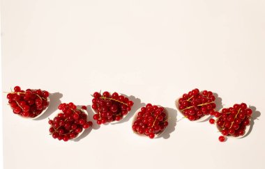 Beyaz kaselerdeki kırmızı frenk üzümlerinin yakın plan görüntüsü. Açık havada güneş ışığıyla çekilmiş. Canlı ve taze bir atmosfer..