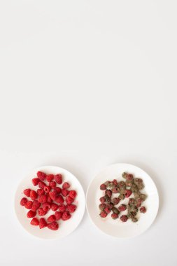 İki tabak ahududulu, biri taze meyveli ve biri küflü ahududu, üst manzara, gıda tazeliği ve çürüme kavramı..