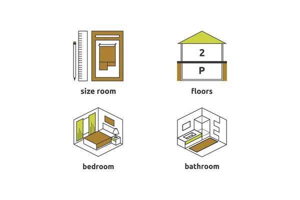 Los iconos establecen el tema de la construcción. Iconos minimalistas con un número mínimo de colores y líneas. En el conjunto de dormitorio, baño, suelos, diseño — Vector de stock