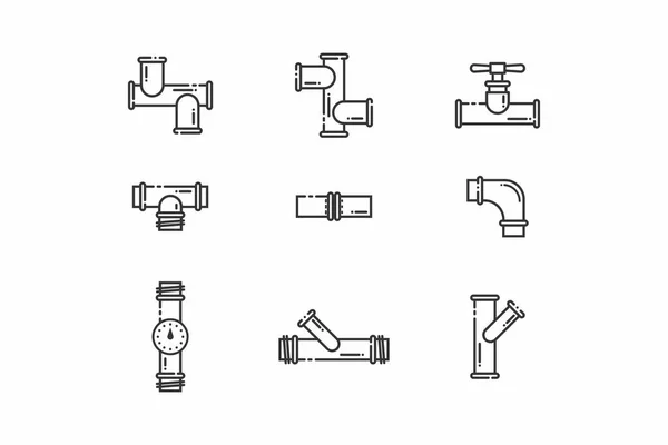 Conjunto de iconos lineales. Iconos de tubos de diferentes tamaños y formas. Conexiones de oleoducto, gas o agua. Elementos de conexión con y sin hilos — Vector de stock