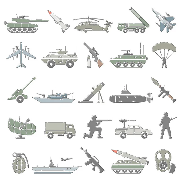 Περίγραμμα Εικονίδια Χρωμάτων Στρατιωτικό — Διανυσματικό Αρχείο