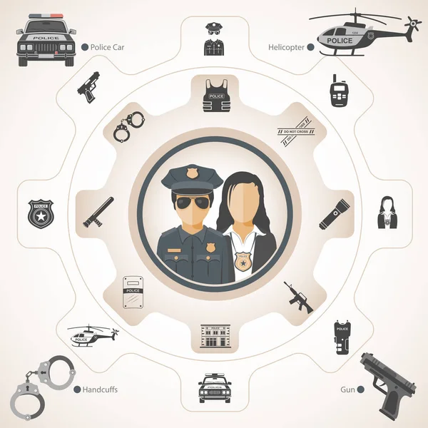 Officier Police Détective Avec Des Icônes Connexes — Image vectorielle