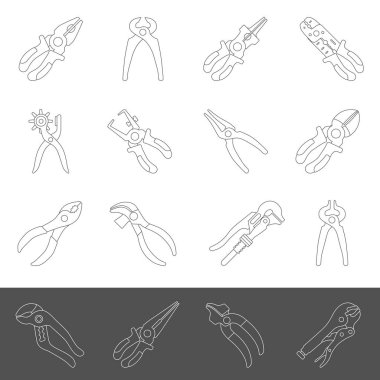 Line Icons - Sixteen different types of pliers clipart