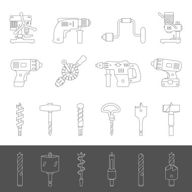 Line Icons - Different types of drills and drill bits clipart