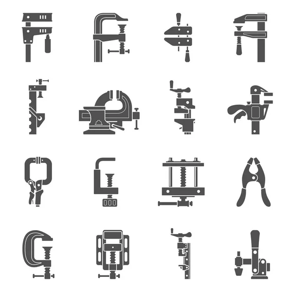 Black Icons Sixteen Different Types Clamps Vises — Stock Vector