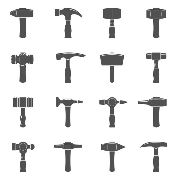 Black Icons Sixteen Different Types Hammers — Stock Vector