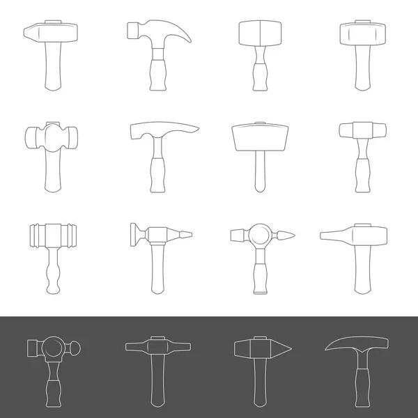 Línea Iconos Dieciséis Tipos Diferentes Martillos — Archivo Imágenes Vectoriales