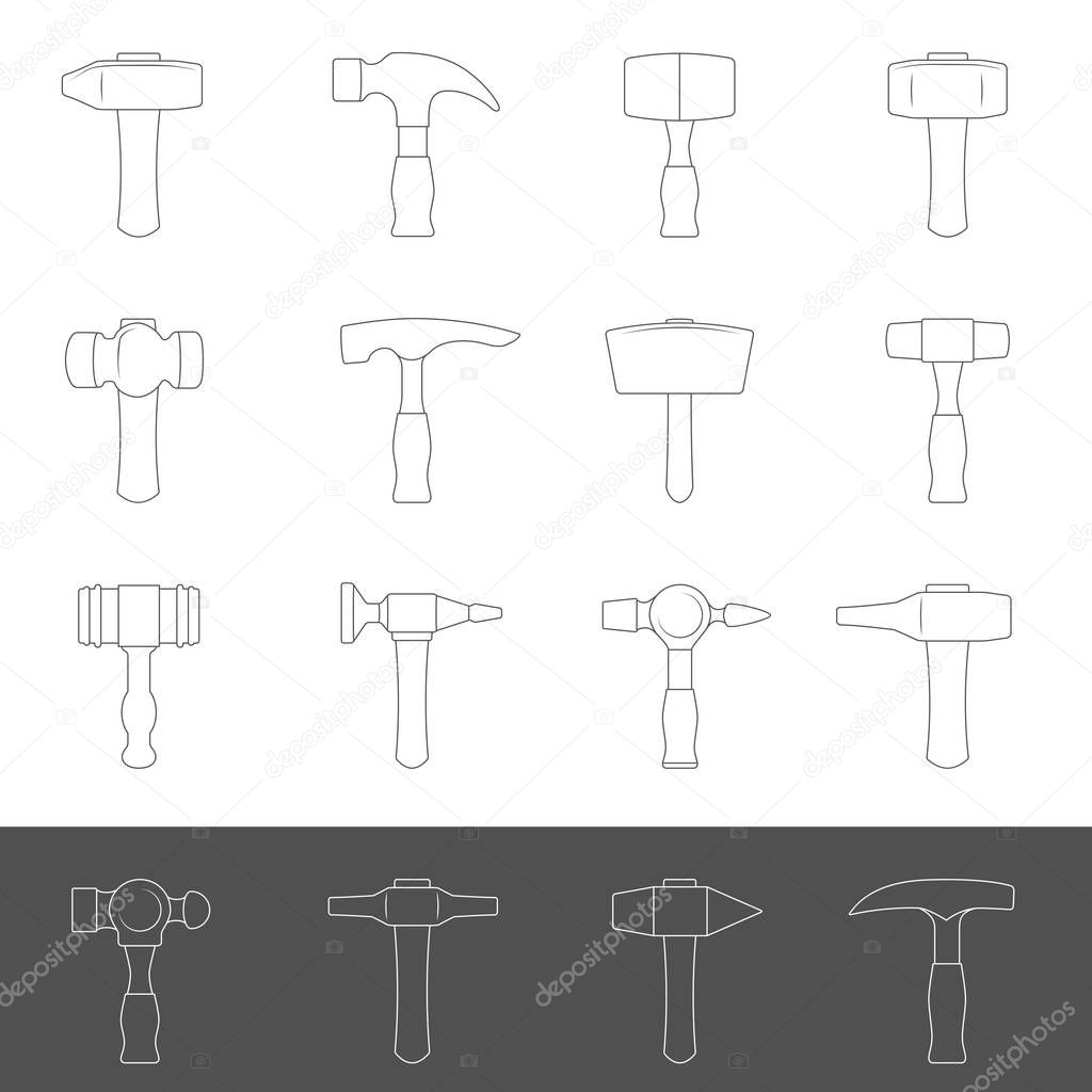 Line Icons - Sixteen different types of hammers