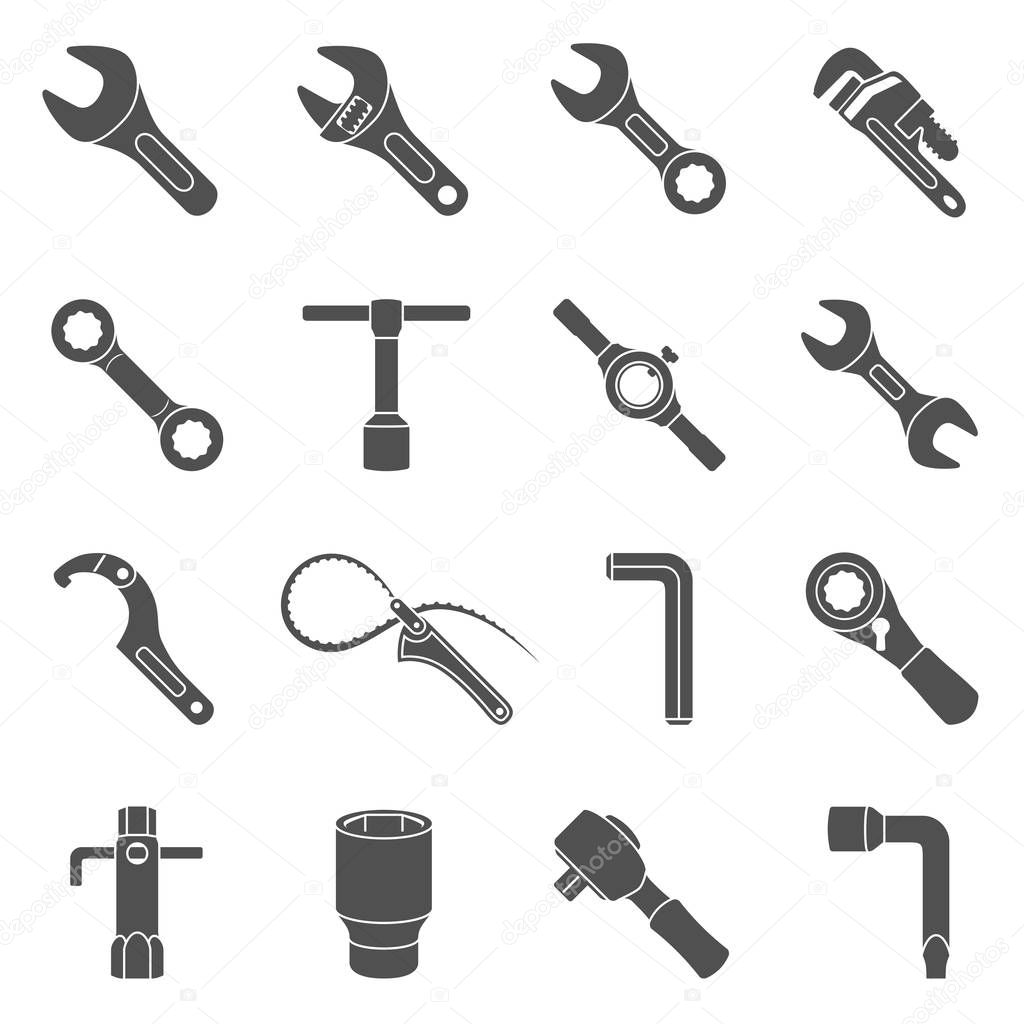 Black Icons - Sixteen different types of wrenches