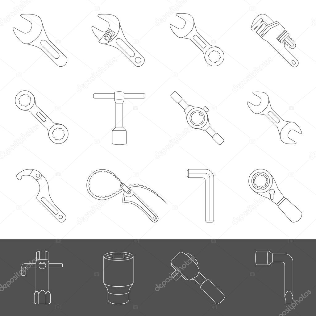 Line Icons - Sixteen different types of wrenches