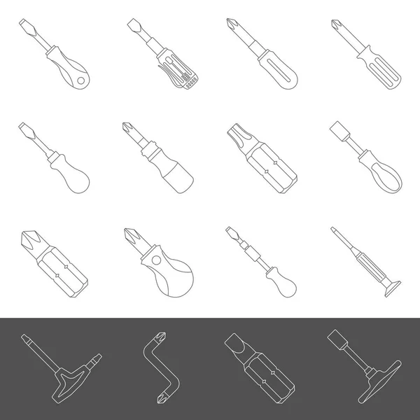 Line Icons Sixteen Different Types Screwdrivers — Stock Vector