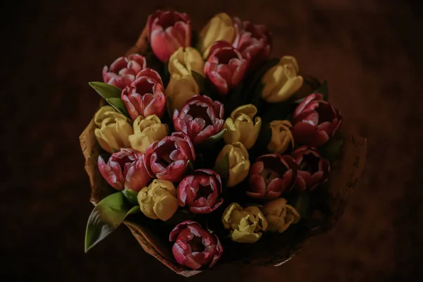 Pink and yellow tulips bouquet — Stock Photo, Image