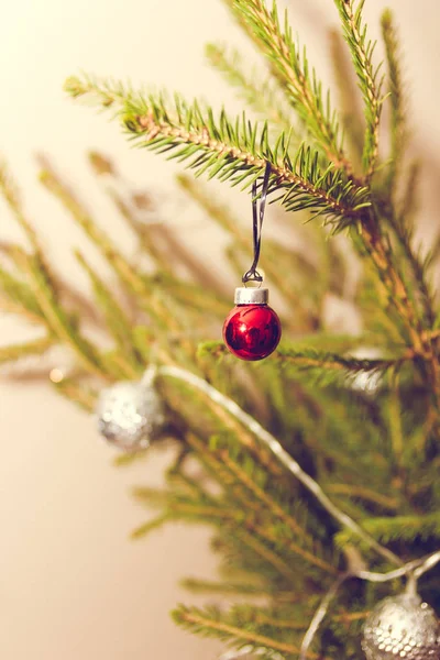 Kleine rode kerst bal opknoping op de FIR tak — Stockfoto