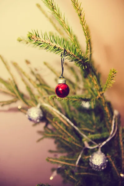 Kleine rode kerst bal opknoping op de FIR tak — Stockfoto