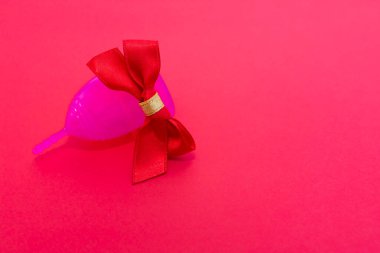 Hediye olarak regl kupası. Pembe arka planda yatıyordu. Sıfır atık. Çevreye önem vermek. Kadın Sağlığı. Metin için yeri olan resim