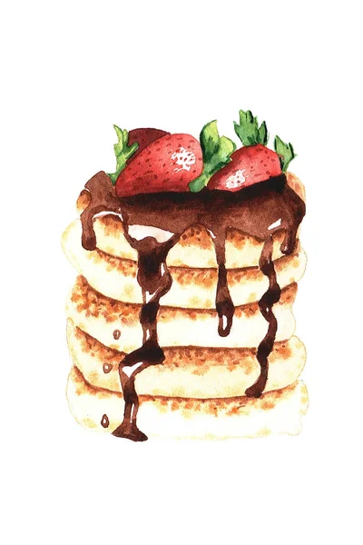 Pancake Disegnato Mano Con Fragole Illustrazione Acquerello Sfondo Bianco — Foto Stock