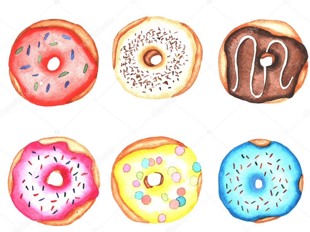 Painted in watercolors donuts with frosting on white background.