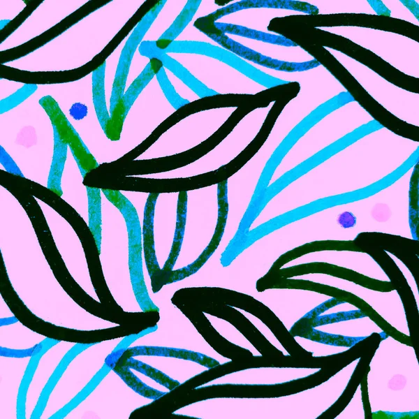 明亮的植物设计 蓝色刷洗的纺织品衬垫 蓝色风格的巴蒂克 叶图解 色彩斑斓的卡瓦 粉刷艺术装饰 环保摘要模式 — 图库照片