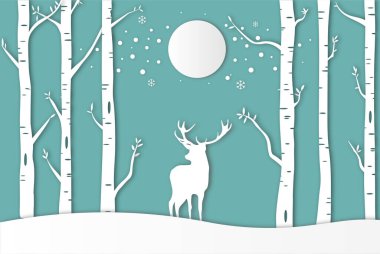 Noel ve kış mevsiminde dolunay ve karla huş ağacında geyik avı, kağıt sanatı ve dijital sanatlar çizimi.
