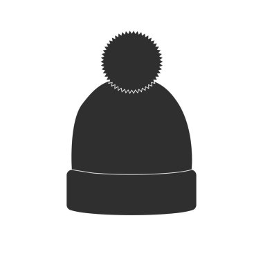 Kış şapkası ikonu. Basit düz dizayn vektörü, özet. Beyaz arka planda izole edilmiş ponpon ile. Grafik, web, logo, uygulama, UI için resim. Giyim sembolü.