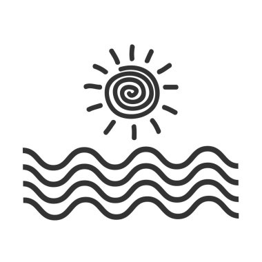 Deniz dalgaları ve güneş ikonu düz siyah yuvarlak düğme çizimi.