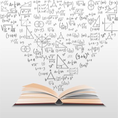 Mathematics opened book with flying up math symbols. Education vector elements. Conceptual illustration. clipart