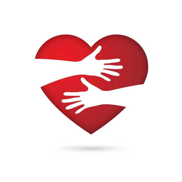 Händer omfamnar rött hjärta med kärlek vektor illustratör, kram kärlek symbol — Stock vektor