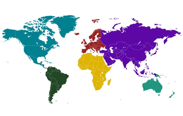 세계 지도는 6 개 대륙으로 나뉘어 있다. 대륙마다 색깔이 다르다. — 스톡 벡터