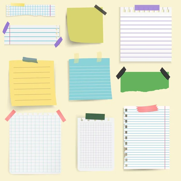 Et sett med forskjellige sider med opprevet notisbok og deler av opprevet papir til noter. Vektorillustrasjon – stockvektor